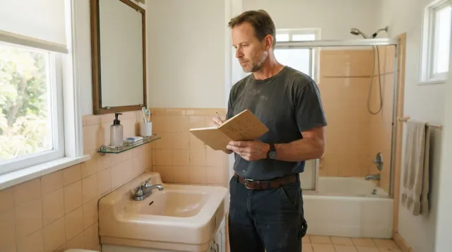 A dated bathroom mid-update with a handyman assessing fixtures in a Southern California home