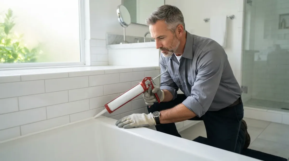 A handyman re-caulking a bathtub in a Southern California bathroom