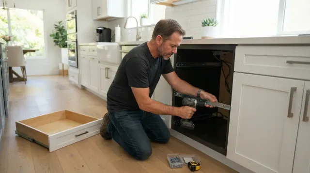 A handyman installing new soft-close drawer slides in a kitchen cabinet