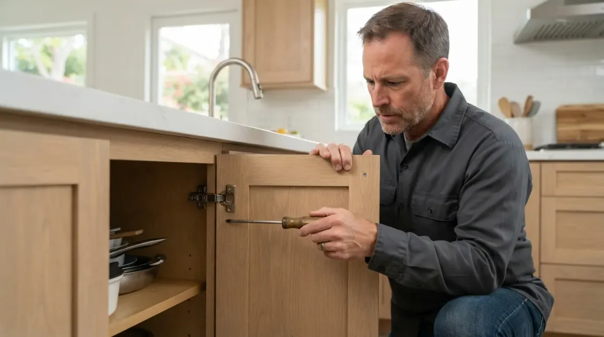 A handyman adjusting a kitchen cabinet door hinge in a Southern California home