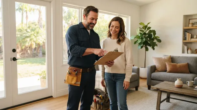 A handyman with a tool bag talking with a homeowner about a home repair checklist in a Southern California home