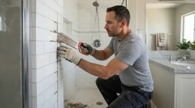 A handyman removing old grout from shower tile with a grout removal tool