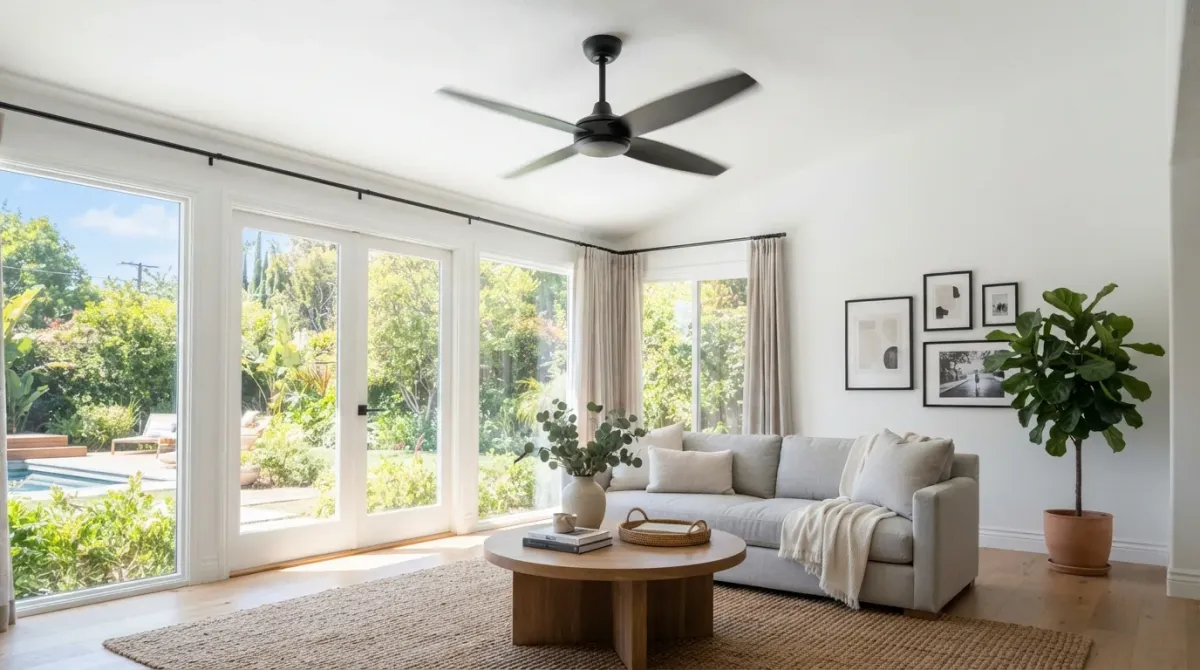 A modern ceiling fan mounted on a living-room ceiling in a Southern California home