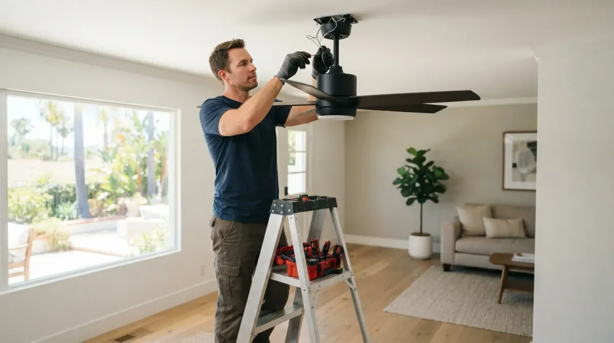 A handyman installing a ceiling fan on a standard-height ceiling in a Murrieta, California living room