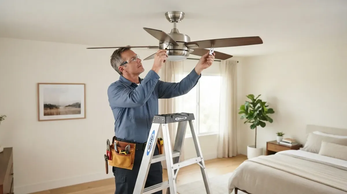 A handyman balancing and tightening a ceiling fan in a Southern California bedroom