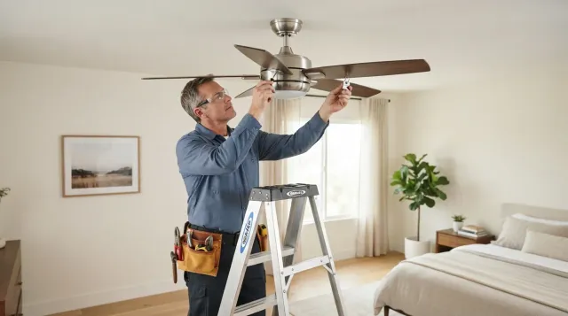 A handyman balancing and tightening a ceiling fan in a Southern California bedroom