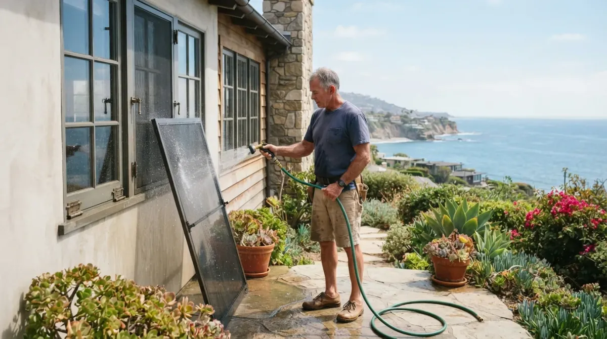A coastal Southern California home with a handyman rinsing salt off exterior window screens