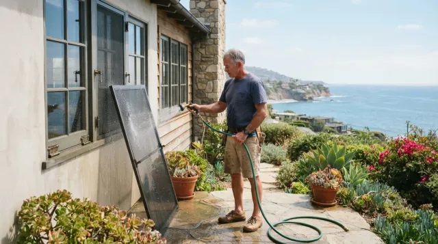 A coastal Southern California home with a handyman rinsing salt off exterior window screens