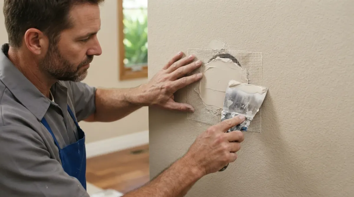 A handyman applying a mesh patch and joint compound over a hole in a drywall wall