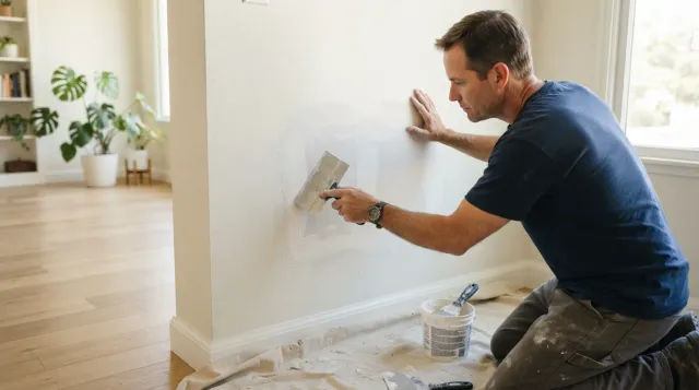 A handyman applying joint compound to patch a hole in a drywall wall in a Southern California home