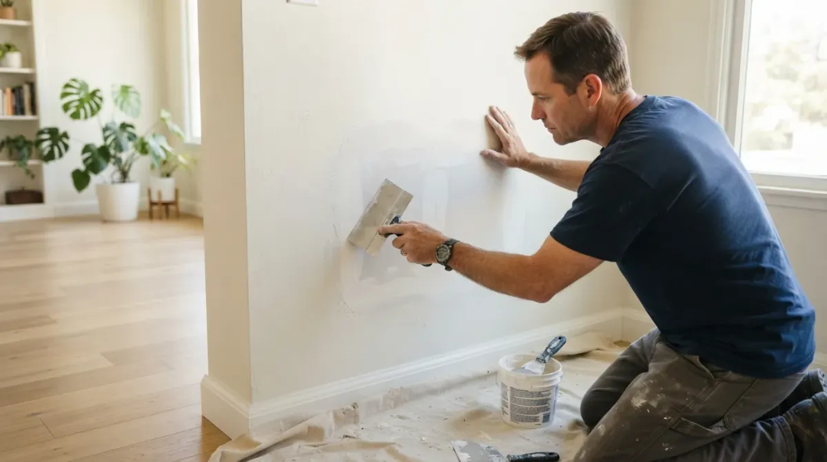 A handyman applying joint compound to patch a hole in a drywall wall in a Southern California home