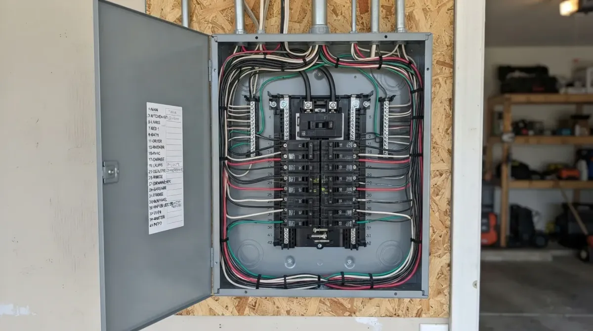 A new 200-amp electrical panel with neatly labeled breakers installed in a Southern California garage