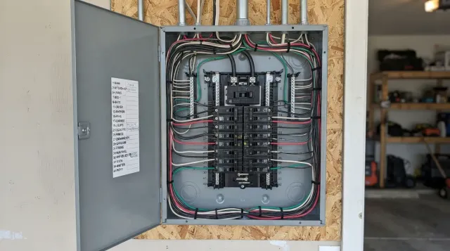 A new 200-amp electrical panel with neatly labeled breakers installed in a Southern California garage