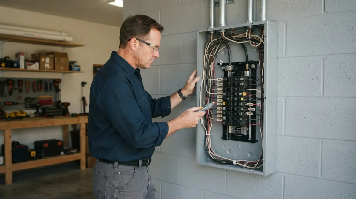 A qualified electrician inspecting an open 200-amp electrical panel in a Murrieta, California home