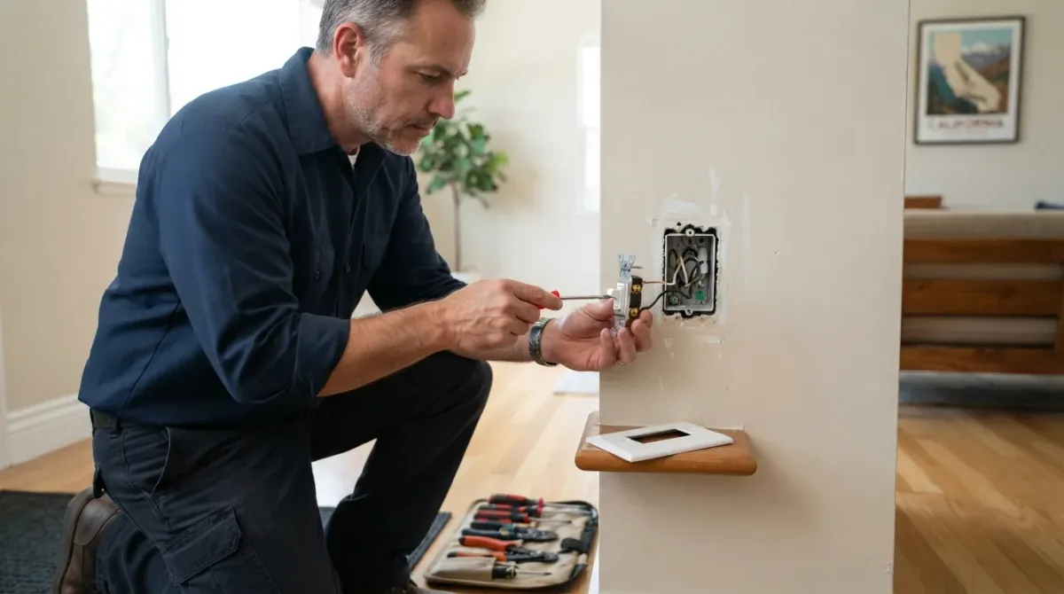 A handyman replacing a light switch on existing wiring in a Southern California home