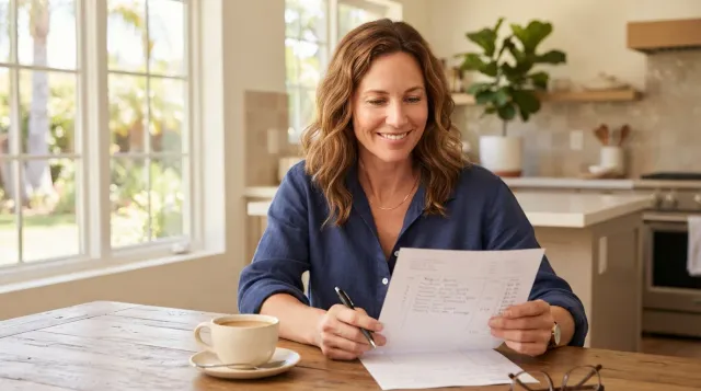 A homeowner reviewing a written handyman quote at a kitchen table in a Southern California home