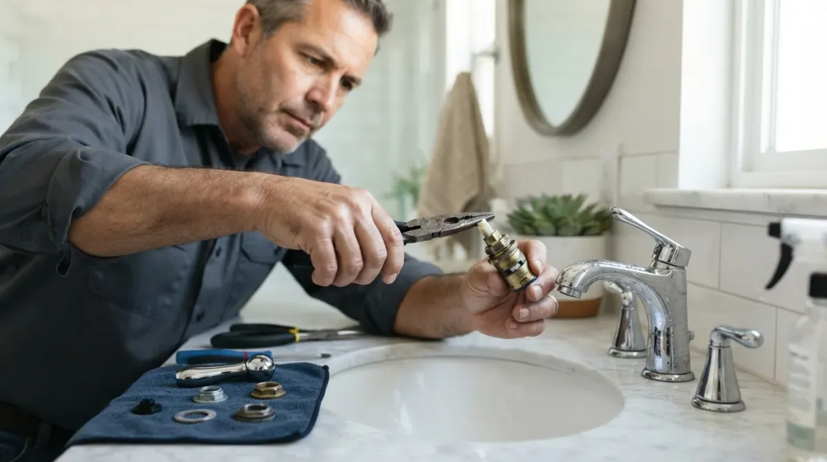 A handyman removing a faucet cartridge from a disassembled single-handle faucet