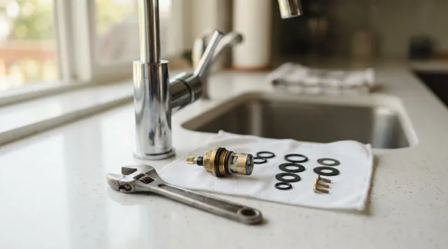 Assorted faucet repair parts and a wrench laid out on a kitchen counter in a Southern California home