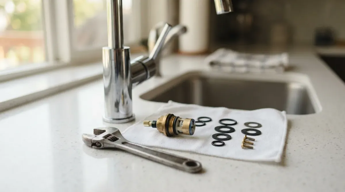 Assorted faucet repair parts and a wrench laid out on a kitchen counter in a Southern California home