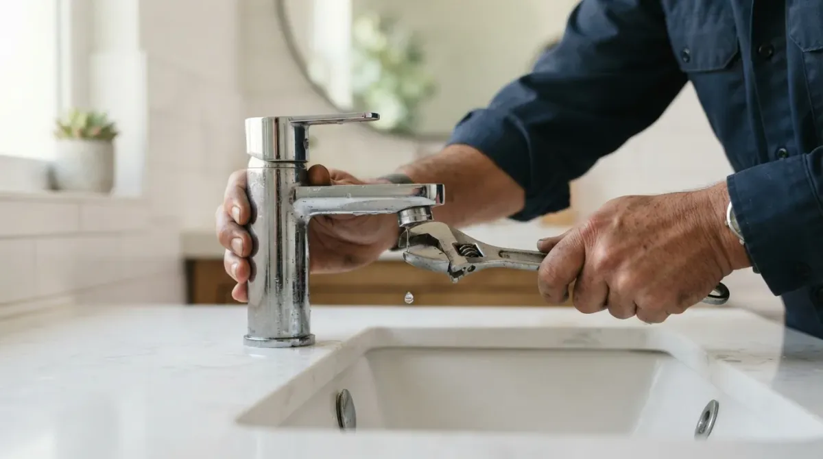 A handyman repairing a dripping chrome bathroom sink faucet in a Murrieta, California home