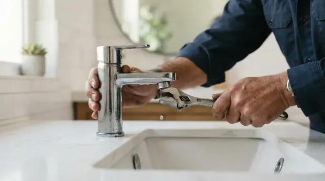 A handyman repairing a dripping chrome bathroom sink faucet in a Murrieta, California home