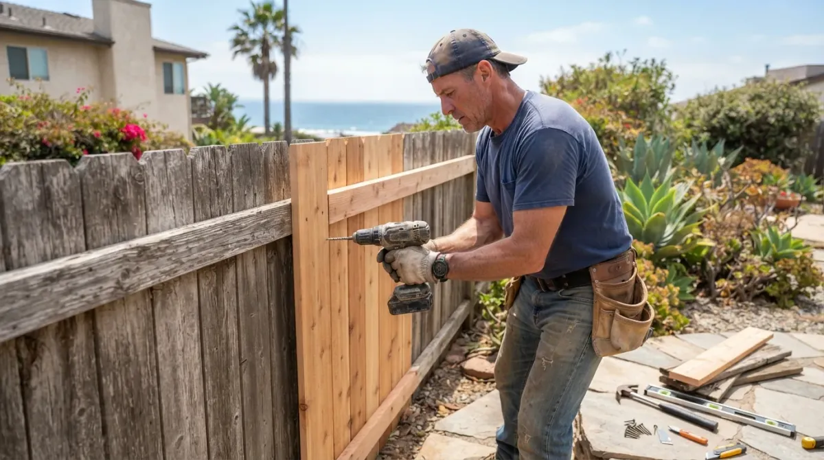 A handyman repairing a weathered wood fence in a coastal Oceanside, California backyard