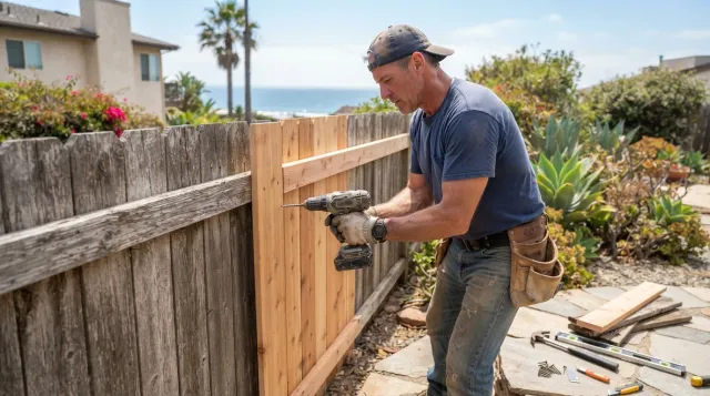 A handyman repairing a weathered wood fence in a coastal Oceanside, California backyard