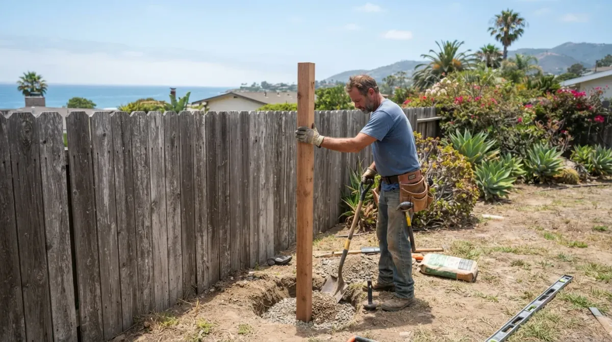 A weathered coastal wood fence with a handyman replacing a rotted post base in Oceanside