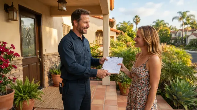 A handyman handing a written estimate to a homeowner at the front door of a Southern California home