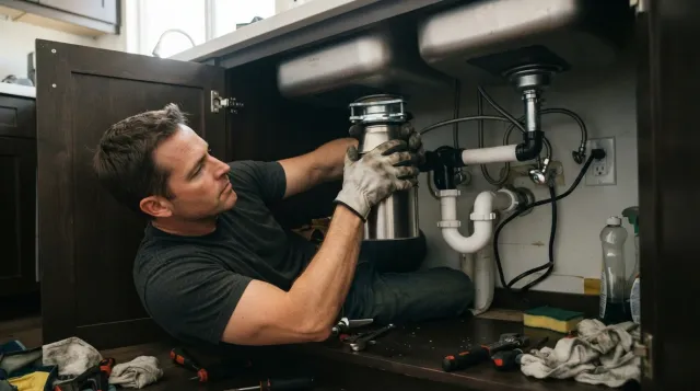 A handyman mounting a new stainless garbage disposal under a kitchen sink in an Oceanside home