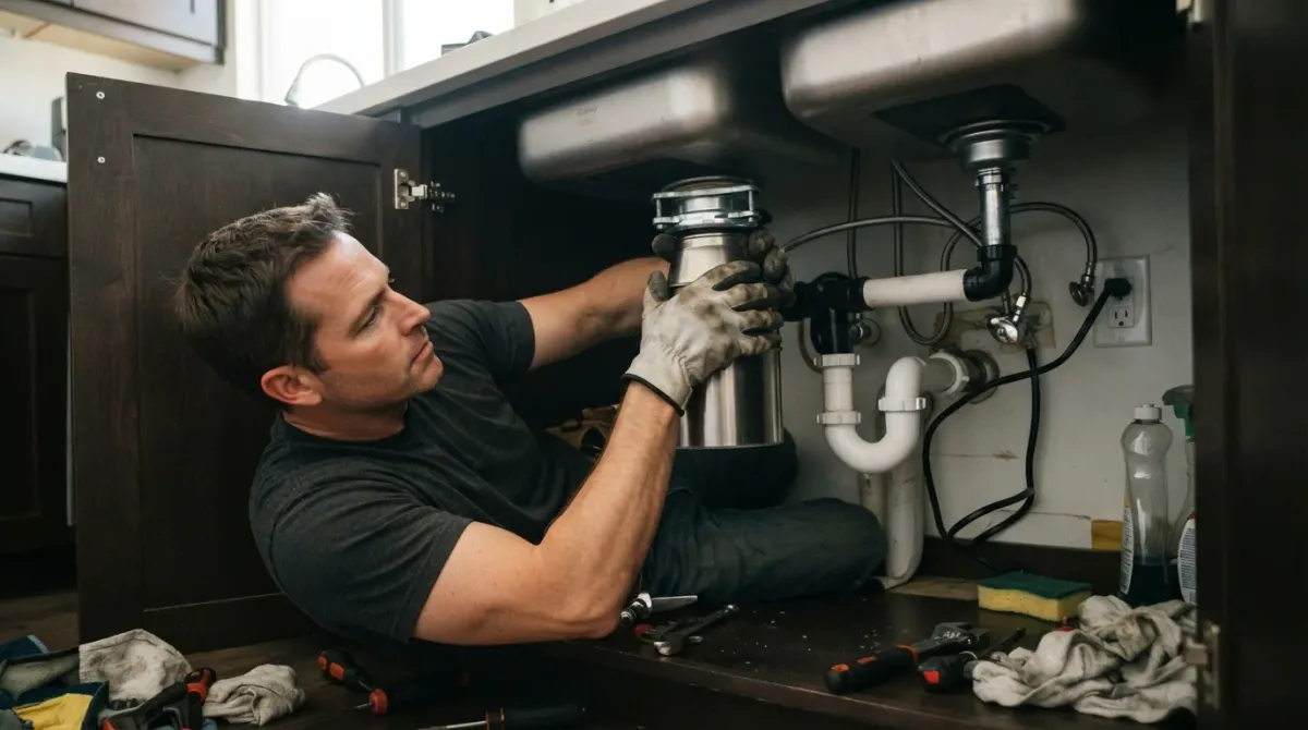 A handyman mounting a new stainless garbage disposal under a kitchen sink in an Oceanside home