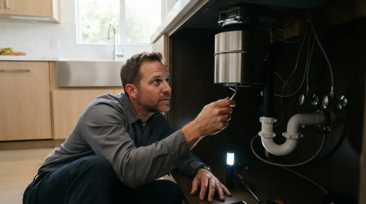 A handyman using a hex wrench to free a jammed garbage disposal under a kitchen sink