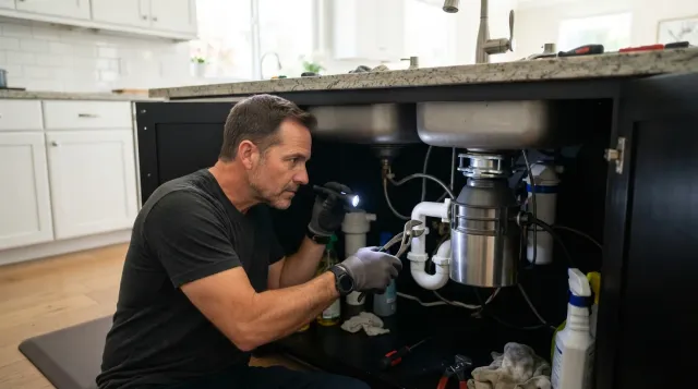 A handyman testing a repaired garbage disposal under a kitchen sink