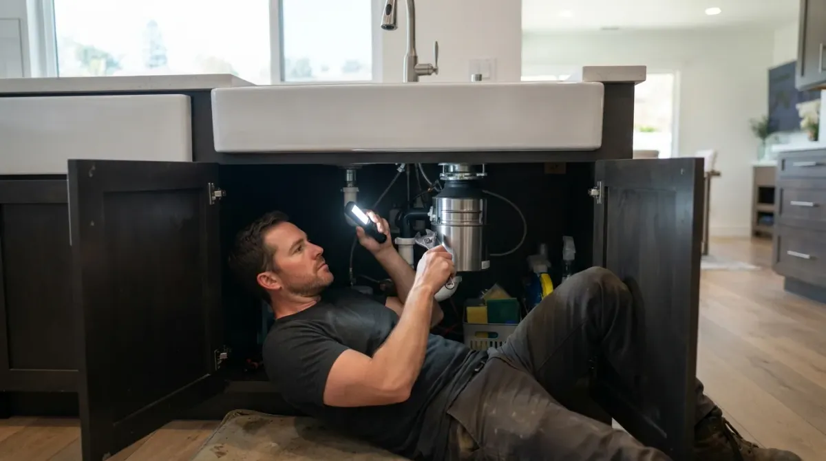 A handyman inspecting a garbage disposal under a kitchen sink in an Oceanside, California home