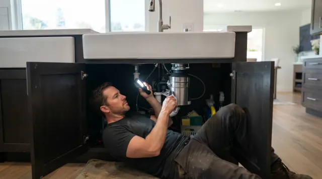A handyman inspecting a garbage disposal under a kitchen sink in an Oceanside, California home