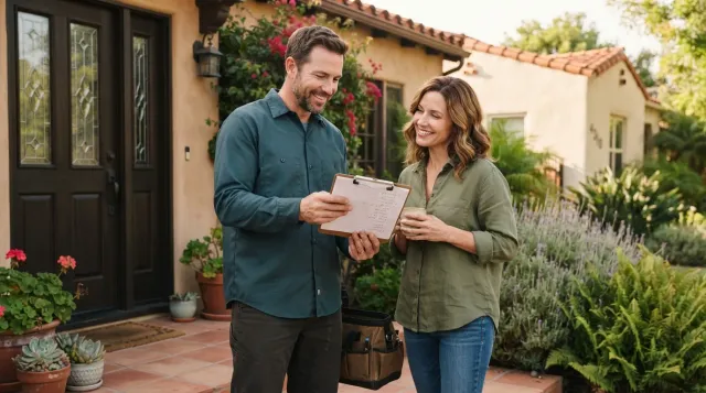 A handyman reviewing a written repair quote with a homeowner at a Southern California home