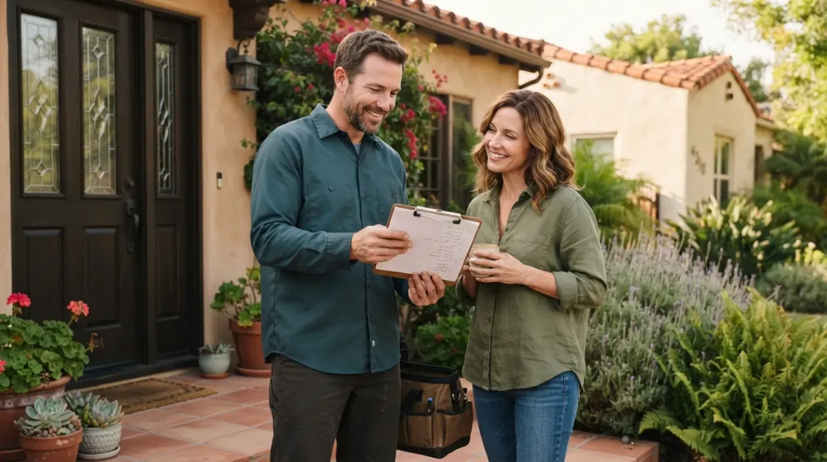 A handyman reviewing a written repair quote with a homeowner at a Southern California home