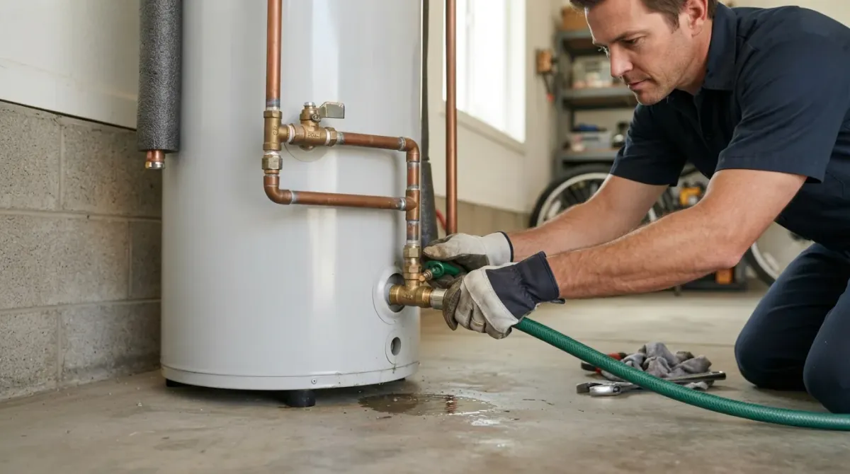 White mineral scale buildup on a faucet and a handyman flushing a water heater in a Murrieta home
