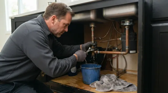 A handyman repairing a leaking under-sink water pipe fitting in a Murrieta, California home