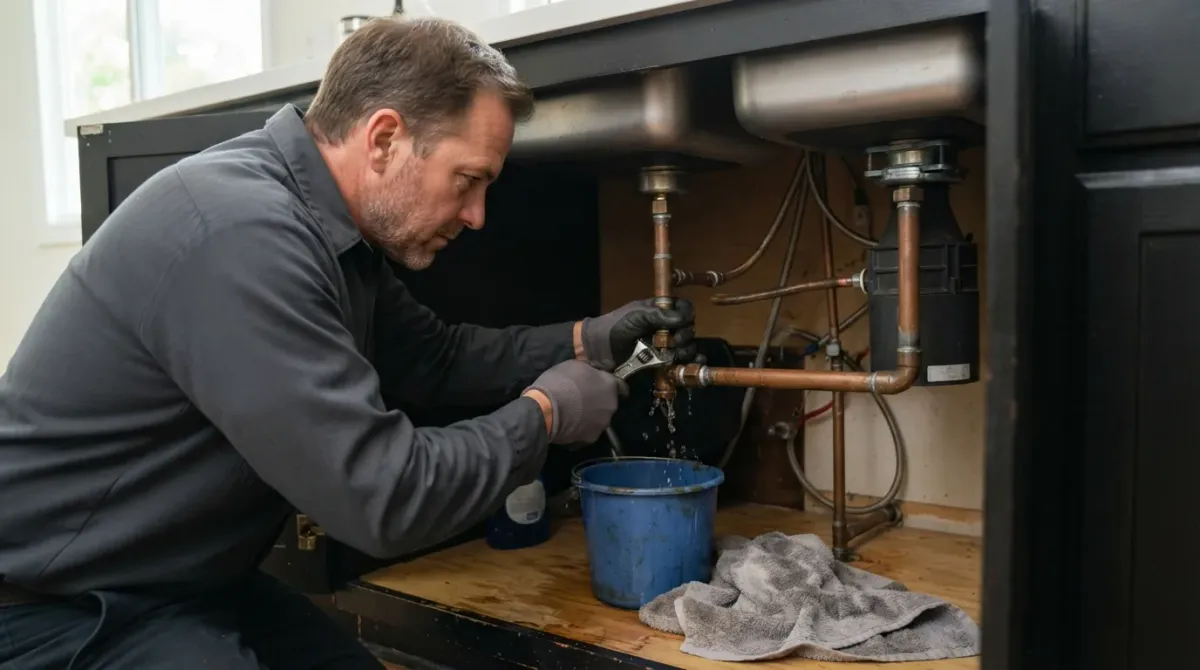 A handyman repairing a leaking under-sink water pipe fitting in a Murrieta, California home