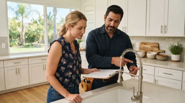 A homeowner and handyman weighing whether to repair or replace a home fixture
