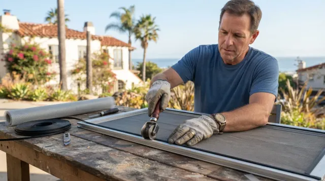 A handyman rescreening a window screen frame on a workbench at a coastal Oceanside, California home