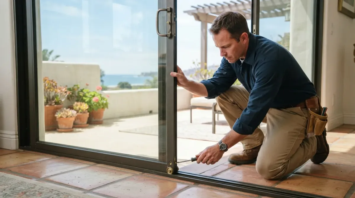 A handyman repairing the rollers on a sliding glass patio door at a coastal Oceanside home