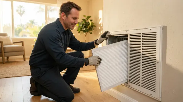 A handyman changing an HVAC air filter in a Southern California home in summer