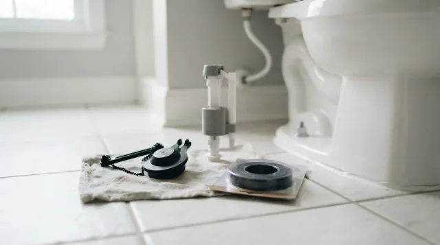 Toilet repair parts including a flapper, fill valve, and wax ring laid out on a bathroom floor