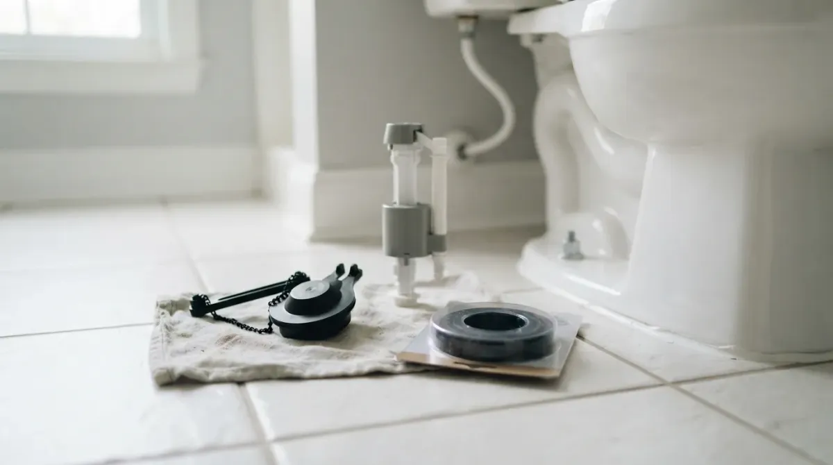 Toilet repair parts including a flapper, fill valve, and wax ring laid out on a bathroom floor