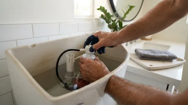 A handyman repairing the fill valve inside a toilet tank in a Murrieta, California bathroom
